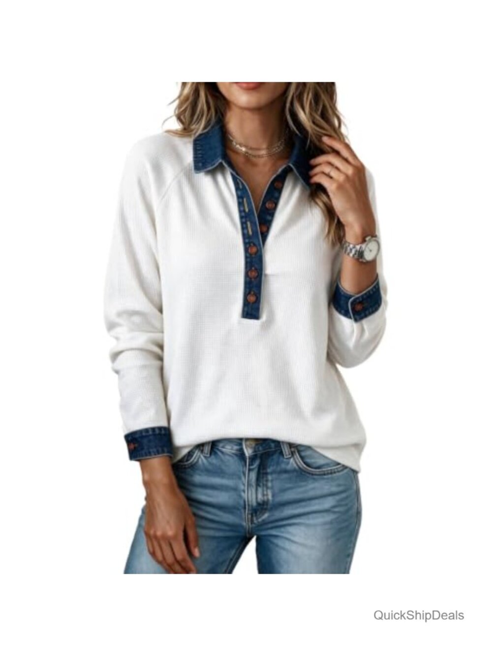 Denim Patchwork Mock Neck Sweatshirt Waffle Knit Button Pullover Fall